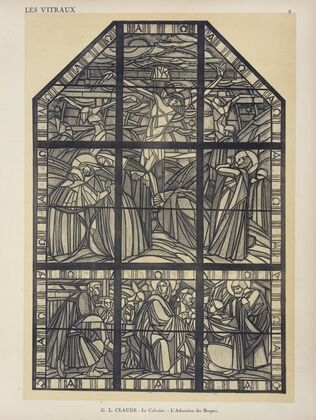 1, Le Calvaire ; 2, L’Adoration des bergers, maquette au Pavillon du Vitrail