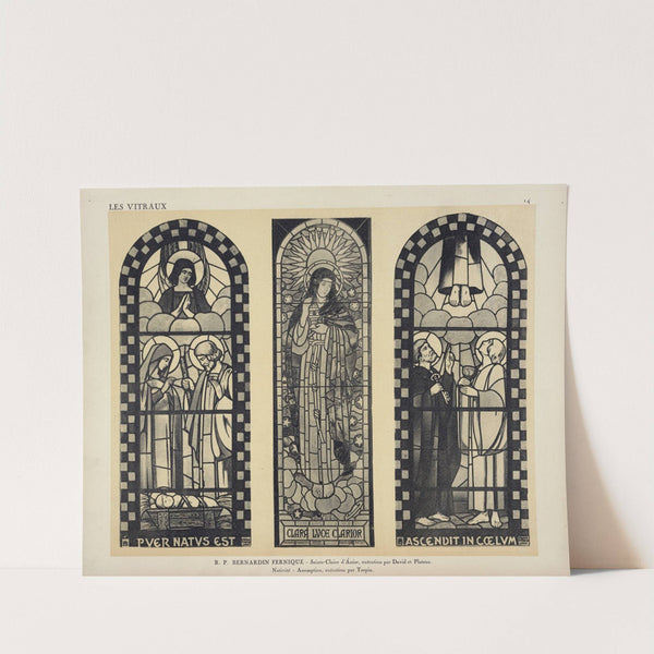 1, Sainte-Claire d'Assise (exécuté par David et Plateaux), au Pavillon du Vitrail ; 2, Nativité ; 3, Ascension (exécutés par Turpin) by Jacques Gruber