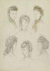6 têtes féminines avec coiffes de dentelle, rubans, plumes et fleurs (1862-1872)
