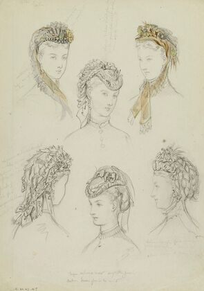 6 têtes féminines avec coiffes de dentelle, rubans, plumes et fleurs (1862-1872)