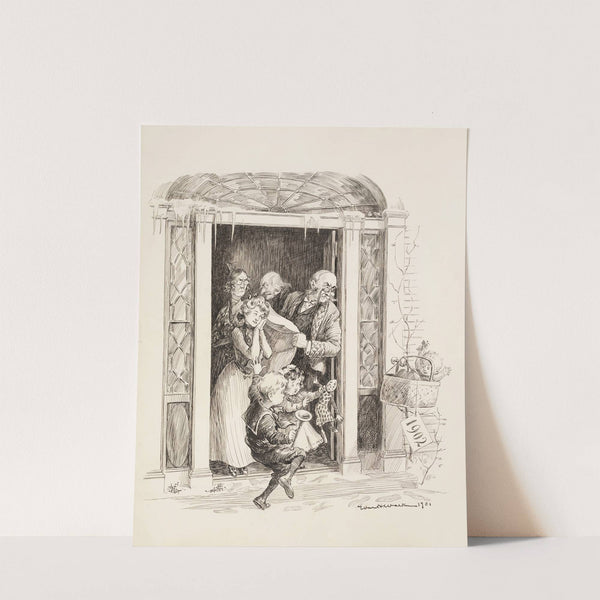 A baby representing the new year of 1902 is left on the doorstep of a house (1902) by William Henry Walker