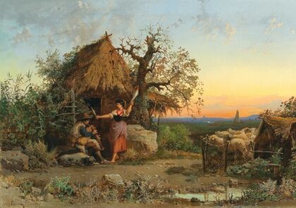 A backpipe playing shepherd, in the background Rome