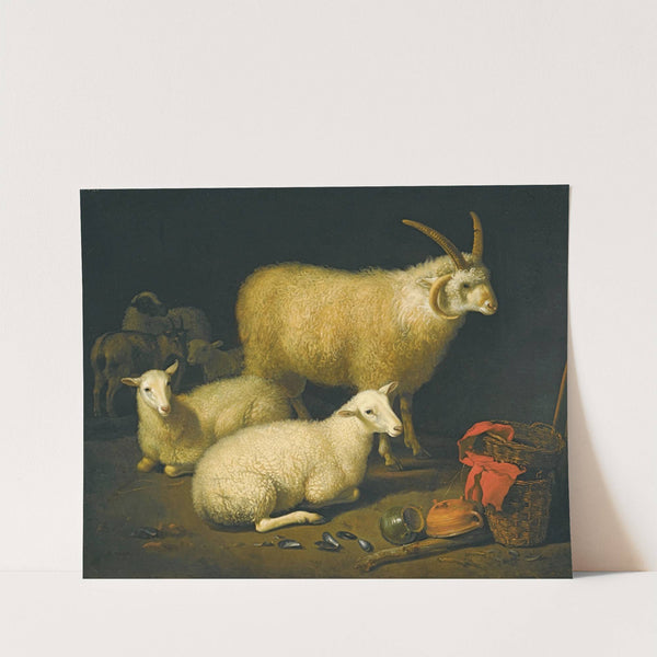 A barn interior with a four-horned ram and four ewes, and a goat, with a still life of a basket and upturned pots to the right by Aelbert Cuyp