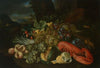 A basket of lemons, asparagus, peaches, a melon, plums, grapes and other fruit with a lobster, in a landscape