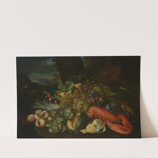 A basket of lemons, asparagus, peaches, a melon, plums, grapes and other fruit with a lobster, in a landscape by Alexander Coosemans