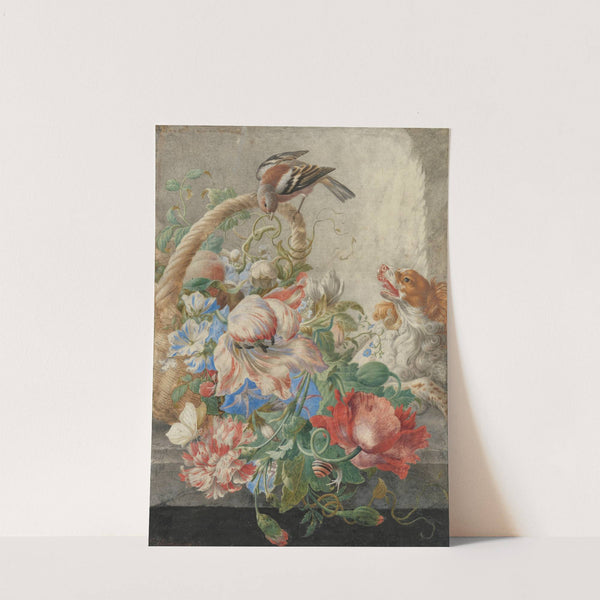 A basket with flowers in a stone niche, with a barking dog and a bird by Herman Henstenburgh