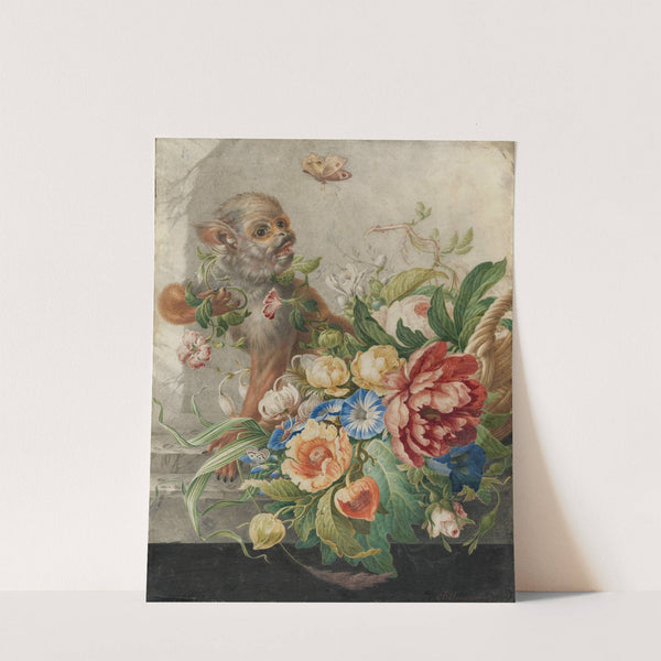 A basket with flowers in a stone niche, with a monkey and a butterfly by Herman Henstenburgh
