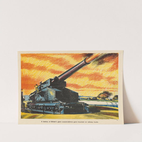 A Battery of Britain's Giant Coastal-Defence Guns Mounted on Railway Trucks by Roland Davies