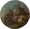 A battle scene with a fallen horse