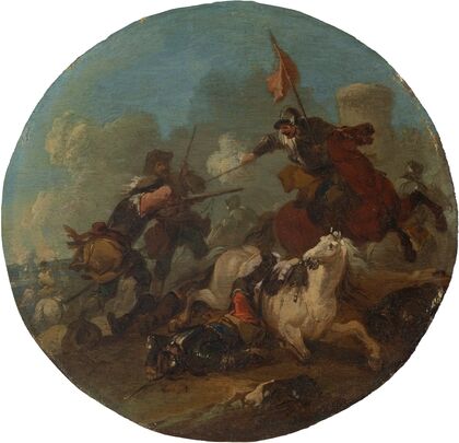 A battle scene with a fallen horse