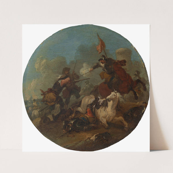 A battle scene with a fallen horse by August Querfurt