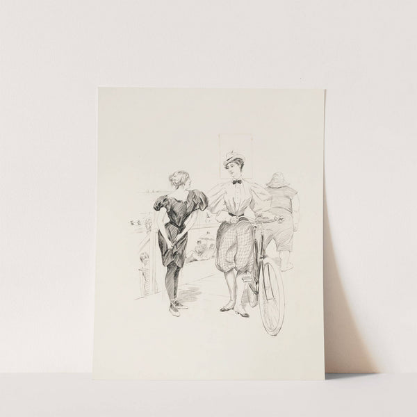 A beach boardwalk. Two women talk, one of them with a bicycle, while others enjoy the beach and water behind them. (1895) by William Henry Walker