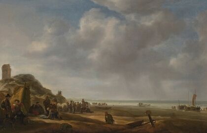 A beach scene with fishermen displaying their catch