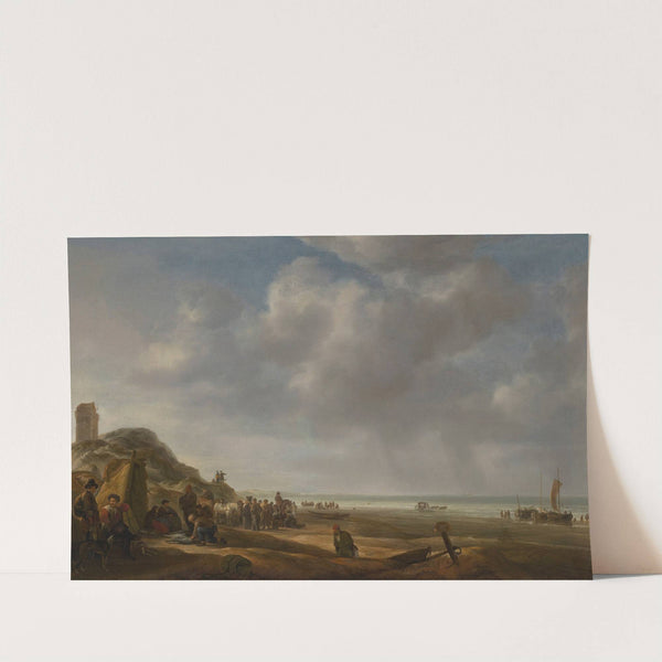 A beach scene with fishermen displaying their catch by Simon de Vlieger