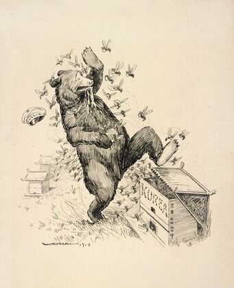 A bear representing Russia breaks into a beehive representing Korea to steal the honey but is overwhelmed by the attack of the bees (1914) — size preview