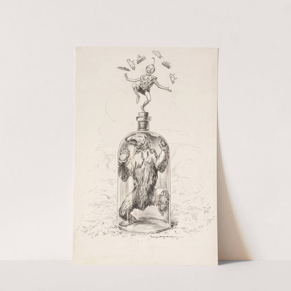 A bear, representing Russia, is trapped in a bottle while a small man dances on top, juggling ships. (1904) by William Henry Walker