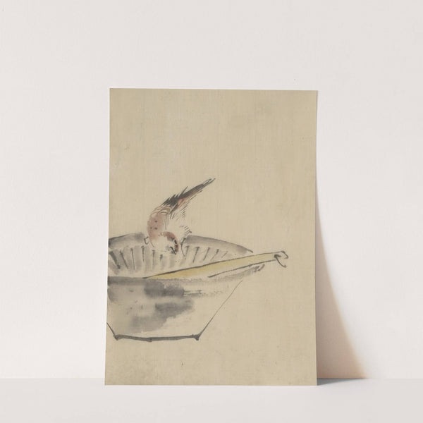 A bird perched on the edge of a bowl, with head cocked, looking at a utensil in the bowl by Katsushika Hokusai