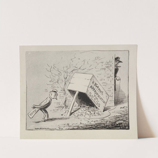 A bird, representing voters, approaches a trap baited with seeds (1922) by William Henry Walker