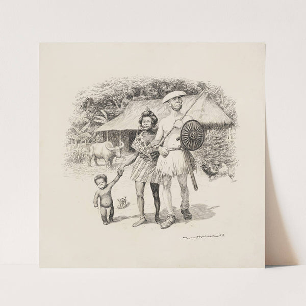 A black family stands before their hut and animals. (1899) by William Henry Walker