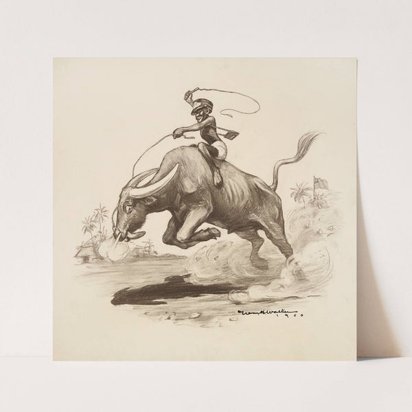 A black man rides a bucking water buffalo, which is tiring, while an American flag flies in the background. (1900) by William Henry Walker