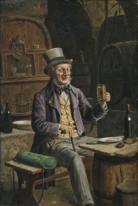 A botanist with his vasculum having a drink in the beer cellar