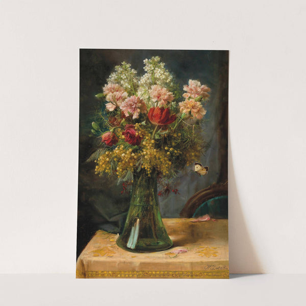 A Bouquet of Flowers with Tulips and Carnations in a Glass Vase with Butterfly by Hans Zatzka