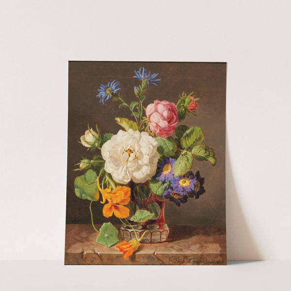 A Bouquet of Flowers with White and Red Roses, Primroses and Nasturtium (1848) by Josef Lauer