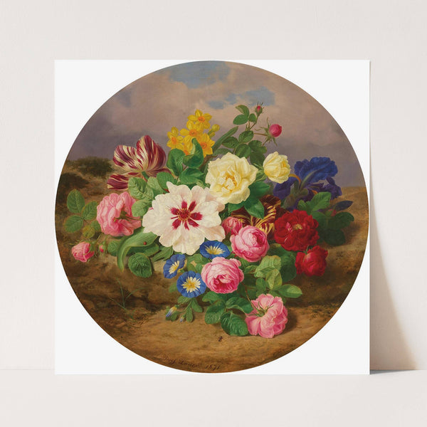 A Bouquet of Roses, Tulips and Narcissus on Sandy Ground (1871) by Josef Lauer