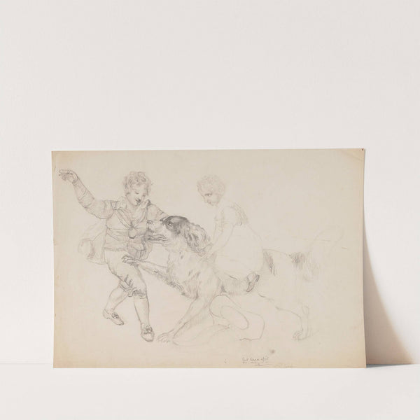 A boy and a girl playing with a large dog (1840) by Richard Sanger Smith