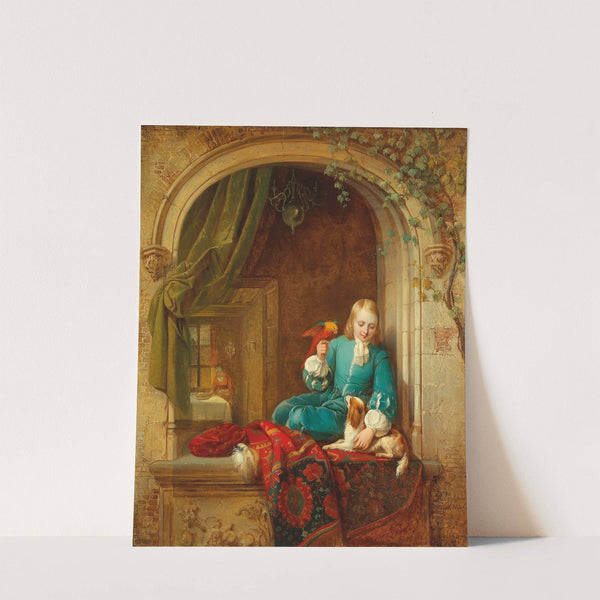 A Boy at the Window with Small Dog and Parrot (1846) by Alexis Van Hamme