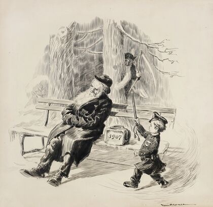 A boy dressed as a police officer, representing 1908, prepares to roust an old man (1907) who is sleeping on a bench. (1908) — size preview