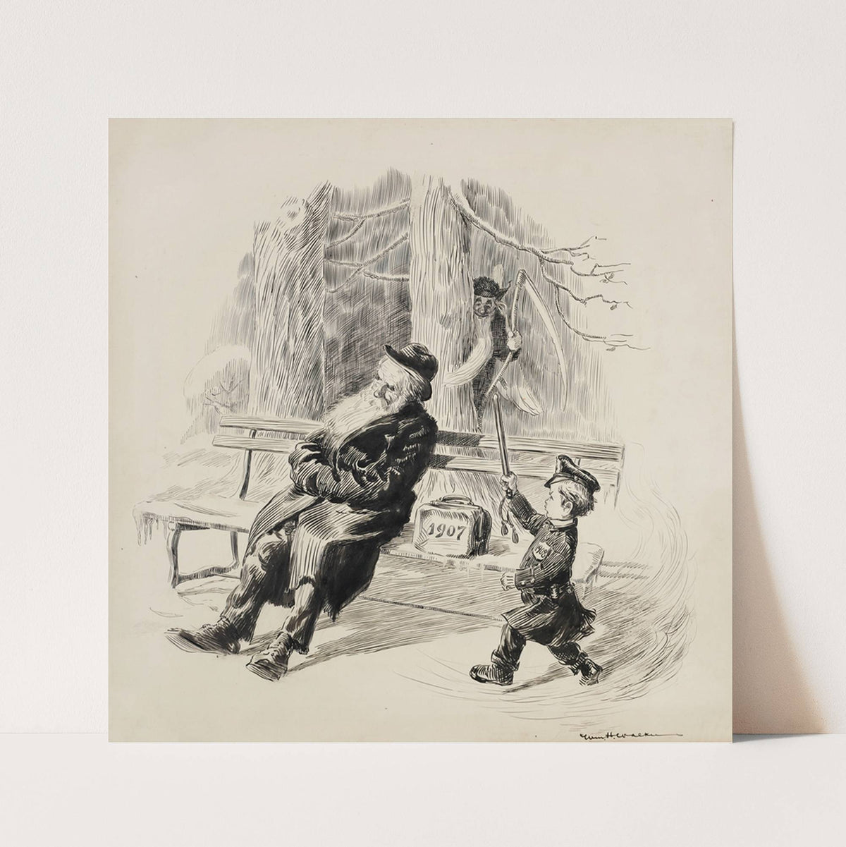 A boy dressed as a police officer, representing 1908, prepares to roust an old man (1907) who is sleeping on a bench. (1908) by William Henry Walker