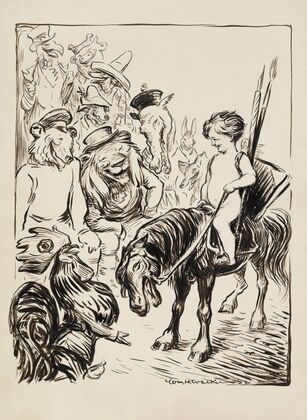 A boy on a pony laughs with several animals representing countries (1923) — size preview