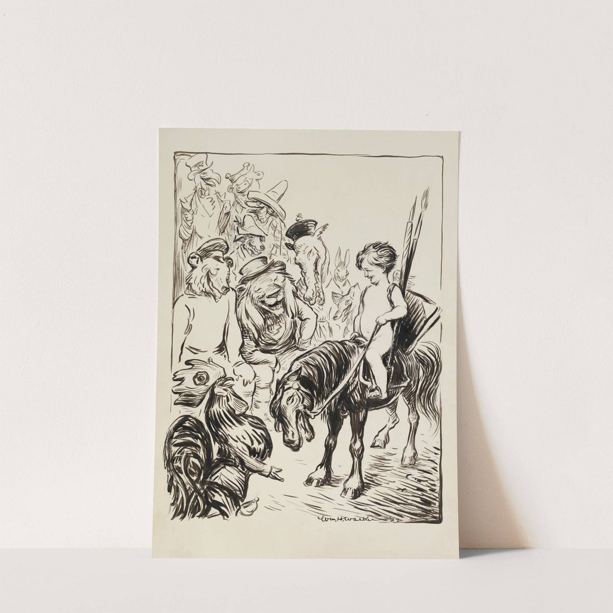 A boy on a pony laughs with several animals representing countries (1923) by William Henry Walker