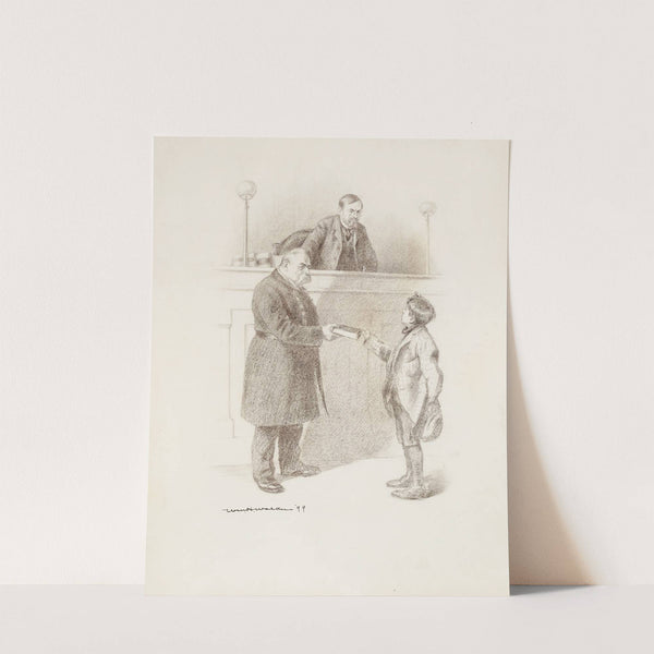 A boy stands before an unfriendly judge and police officer. (1899) by William Henry Walker