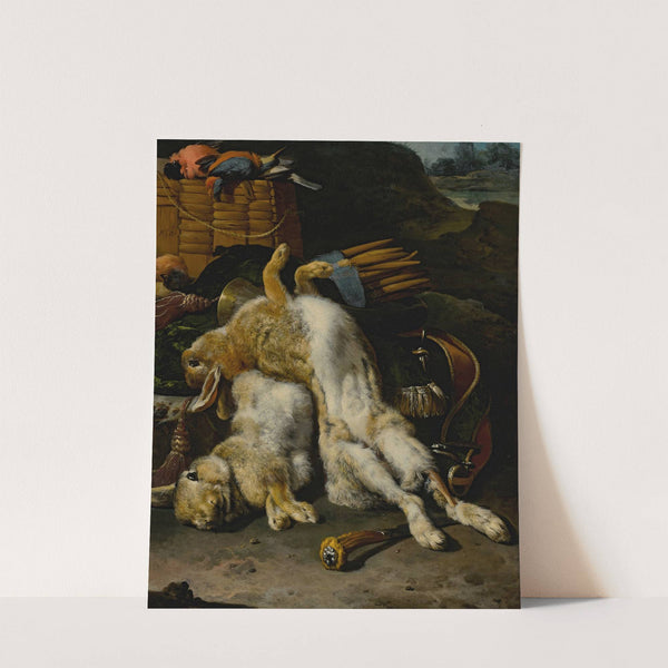 A Brace Of Rabbits And Small Birds With Hunting Equipment In A Landscape by Melchior d'''Hondecoeter