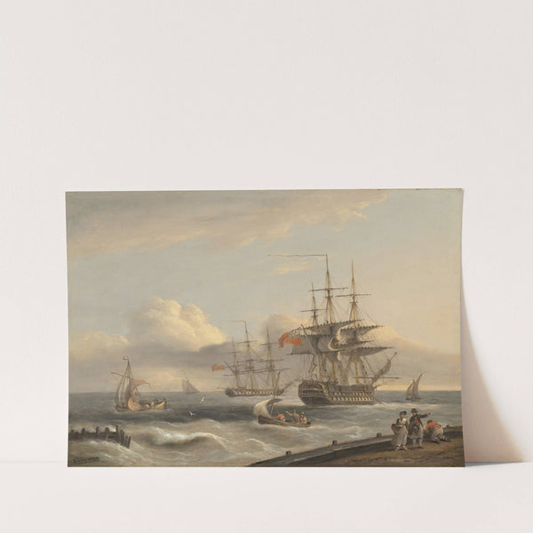 A British '74' unfurling its sails as it prepares to leave the anchorage with a frigate and various coastal craft beyond by Thomas Luny
