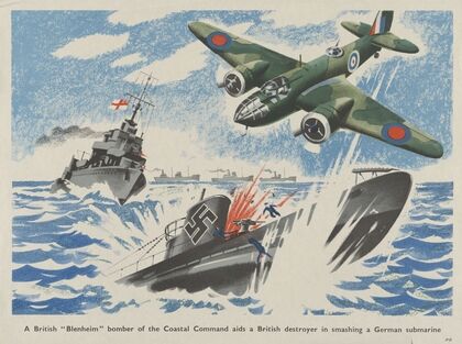 A British ‘Blenheim’ bomber of the coastal command aids a British destroyer in smashing a German submarine — size preview