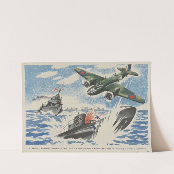 A British ‘Blenheim’ bomber of the coastal command aids a British destroyer in smashing a German submarine by Roland Davies