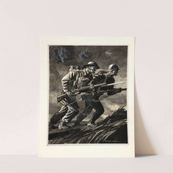 A British soldier and a Russian soldier charging with rifles by Rowland Hilder