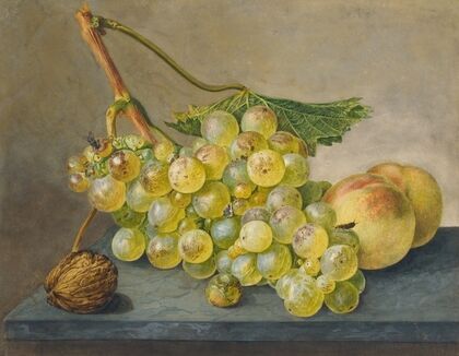 A Bunch Of Grapes, A Nut And Two Peaches