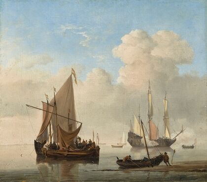 A Calm – A kaag alongside a smalschip at anchor, with a weyschuit being pushed off the shore and a man-of-war firing a salute beyond