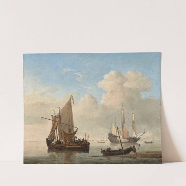 A Calm – A kaag alongside a smalschip at anchor, with a weyschuit being pushed off the shore and a man-of-war firing a salute beyond by Willem van de Velde the Younger