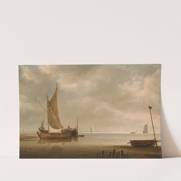 A calm estuary with a smalschip and a waterschip at anchor, with other ships in the distance by Simon de Vlieger