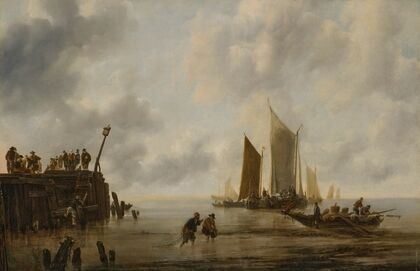 A calm with fishing boats and figures on a jetty (1651)