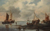 A calm with ships and fishermen along the shore