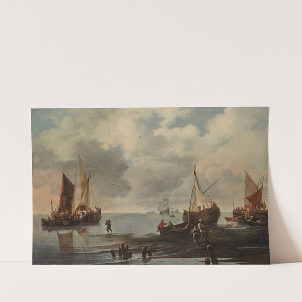A calm with ships and fishermen along the shore by Hendrick Jacobsz. Dubbels