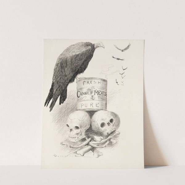 A can of ‘Fresh Canned Meats’ sits on top of human bones. Vultures circle the can, and one sits on it. by Homer Davenport
