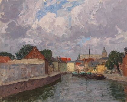 A Canal with Boats before a Town