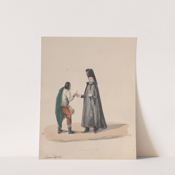 A canon handing a crucifix to a man by Francisco Fierro